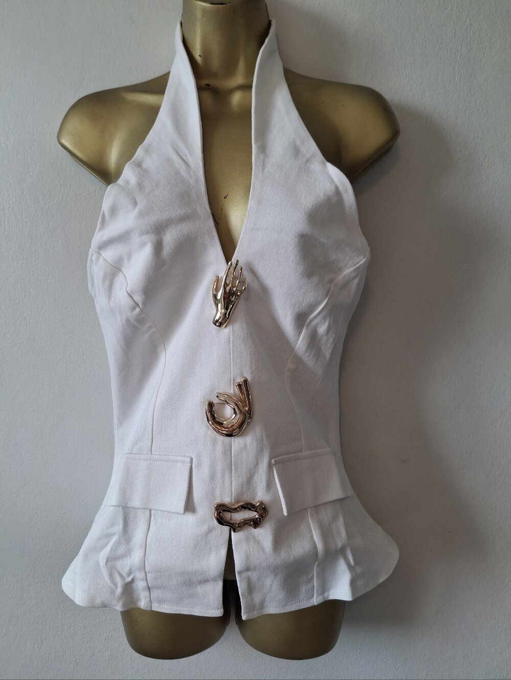 Pastels Clothing White Halter Peplum Top with Gold Accents